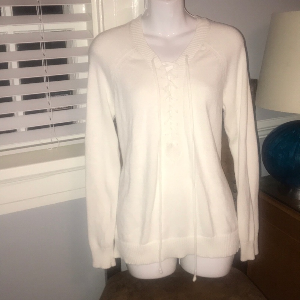 White sweater with tie up in the front